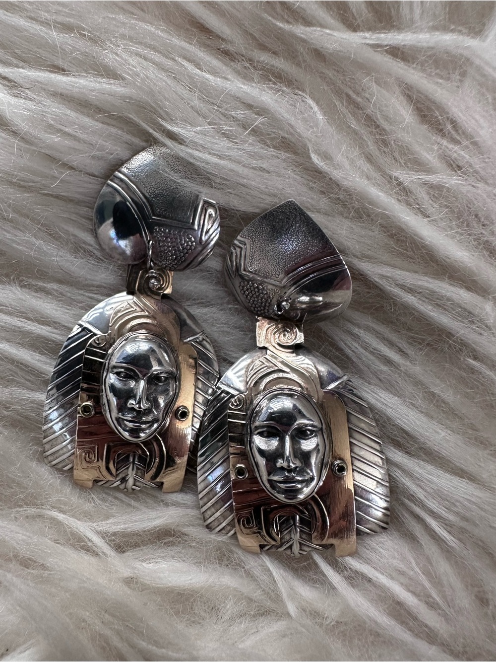 Handcrafted Sterling Silver With Gold Accents Face Drop Earrings
